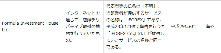 iFOREXは日本の金融庁から警告を受けている